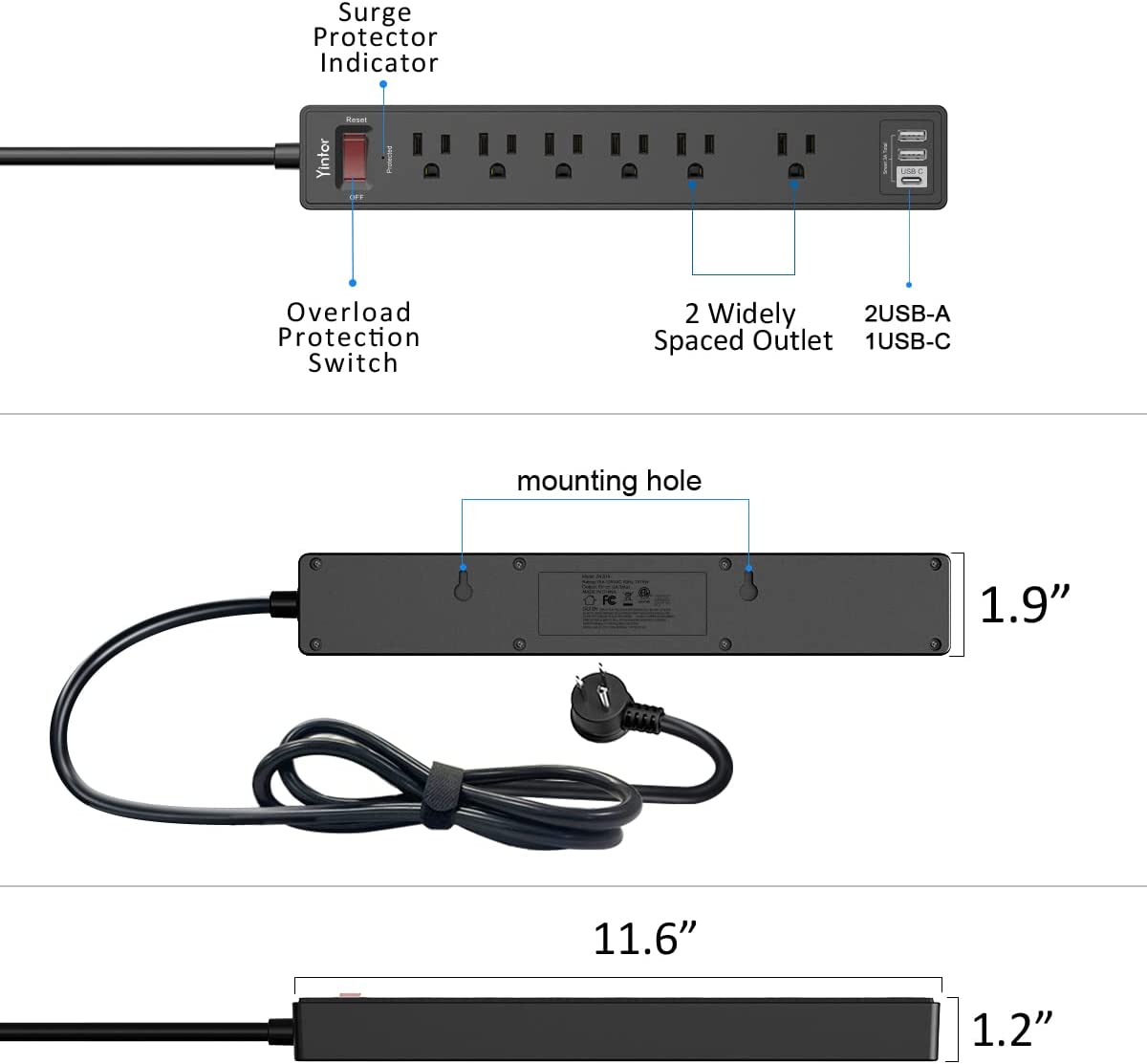 6Ft Power Strip Surge Protector - Yintar Extension Cord with 6 AC Outlets and 3 USB Ports for for Home, Office, Dorm Essentials, 1680 Joules, ETL Listed, (Black)
