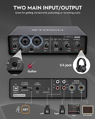 2x2 USB Audio Interface for Streaming, Recording and Podcasting, 24Bit/192kHz High-Fidelity, STRICH S-WAVE DUO Studio Audio Mixer Interface for Guitarist, Vocalist, Podcaster, Producer, Noise-Free