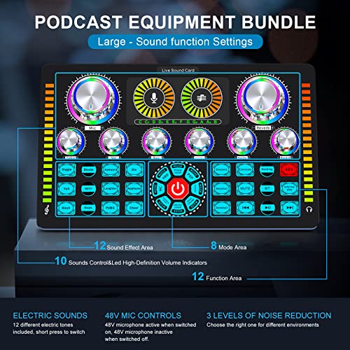 Professional Audio Mixer,Live Sound Card and Stereo Audio Interface,Bluetooth Sound Board with XLR interface,48V Phantom Power,Voice Changer,For Podcasting,Live sound,recording Studio and Gaming