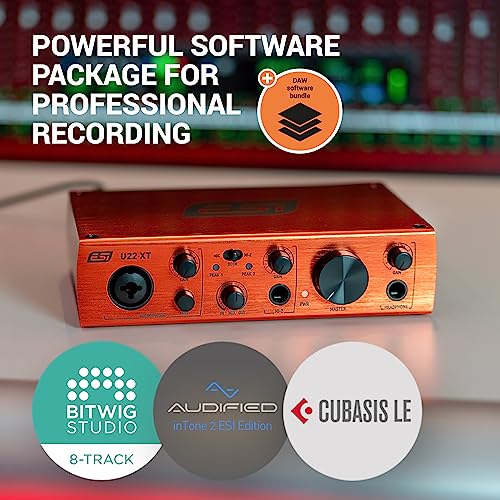 ESI U22 XT Professional Audio Interface: XLR/TRS Combo with Phantom Power, Hi-Z Input, RCA Line-In, Ultra-Low Latency, Recording for Studio and Easy, Stable Connectivity