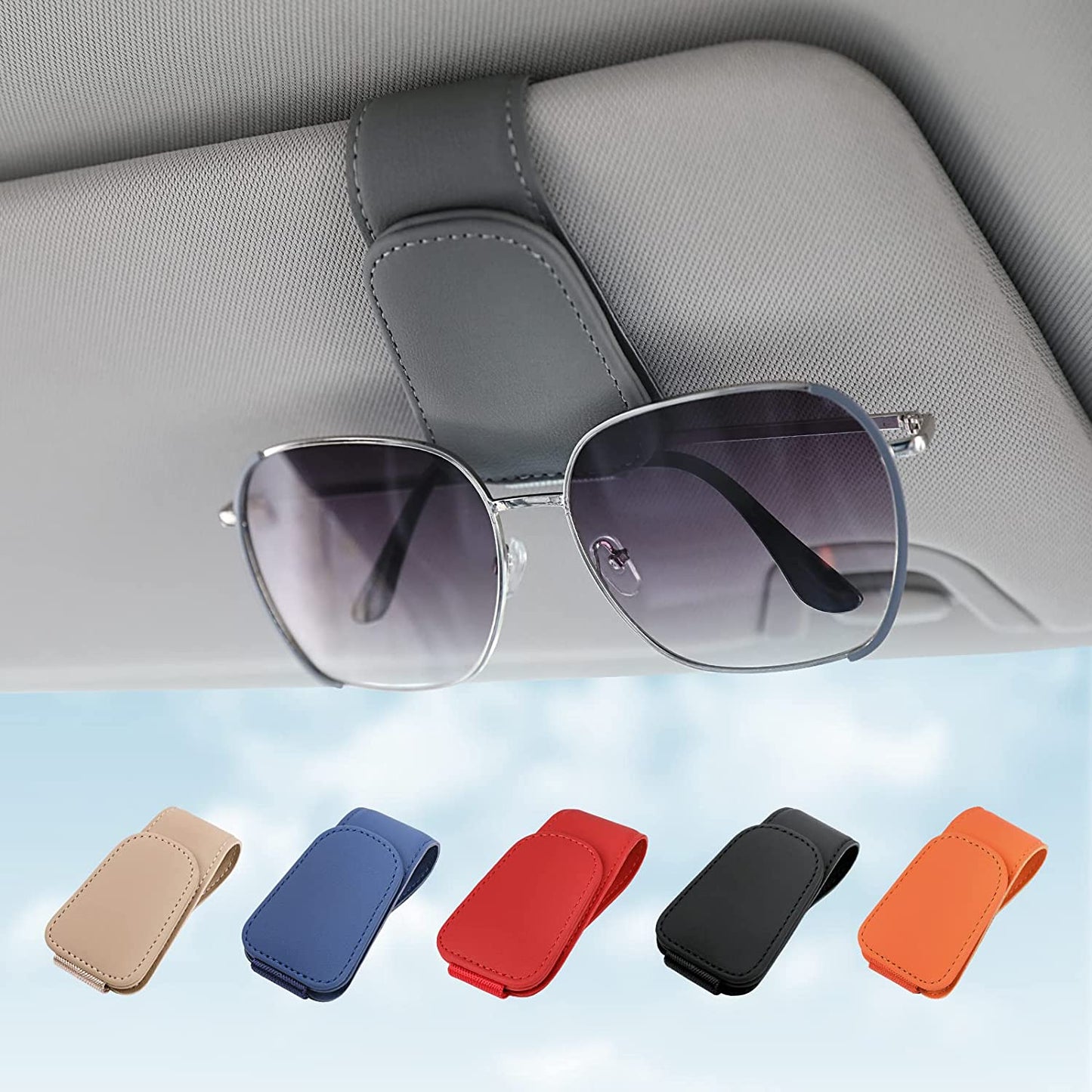 Sunglass Holder for Car Visor Sunglasses Clip Magnetic Leather Glasses Eyeglass Holder Truck Car Interior Accessories Universal for Woman Man -Black