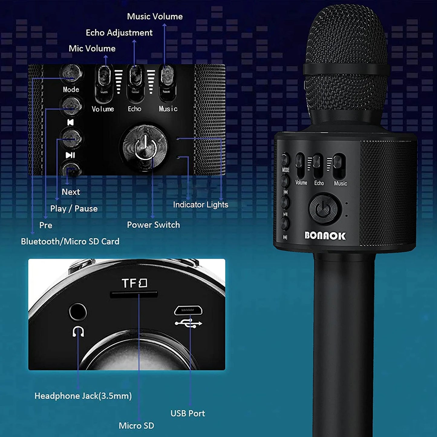 BONAOK Wireless Bluetooth Karaoke Microphone, 3-in-1 Portable Handheld Mic Speaker Machine for All Smartphones,Gifts for Boys Adults All Age Q37(Black)