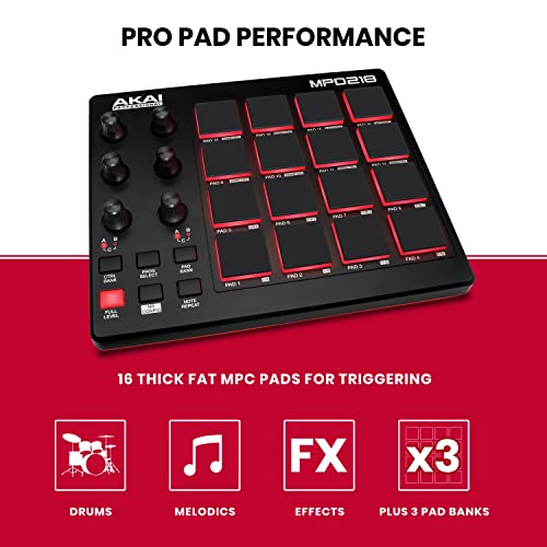 AKAI Professional MPD218 - USB MIDI Controller with 16 MPC Drum Pads, 6 Assignable Knobs, Note Repeat & Full Level Buttons and Production Software