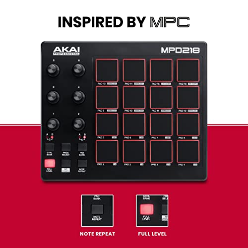 AKAI Professional MPD218 - USB MIDI Controller with 16 MPC Drum Pads, 6 Assignable Knobs, Note Repeat & Full Level Buttons and Production Software