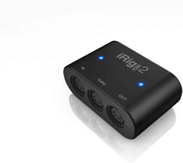 IK Multimedia iRig MIDI 2 universal MIDI interface with In, Out, and THRU ports, activity indicators for iPhone, iPad, Android, Mac, PC