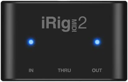 IK Multimedia iRig MIDI 2 universal MIDI interface with In, Out, and THRU ports, activity indicators for iPhone, iPad, Android, Mac, PC