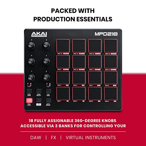 AKAI Professional MPD218 - USB MIDI Controller with 16 MPC Drum Pads, 6 Assignable Knobs, Note Repeat & Full Level Buttons and Production Software