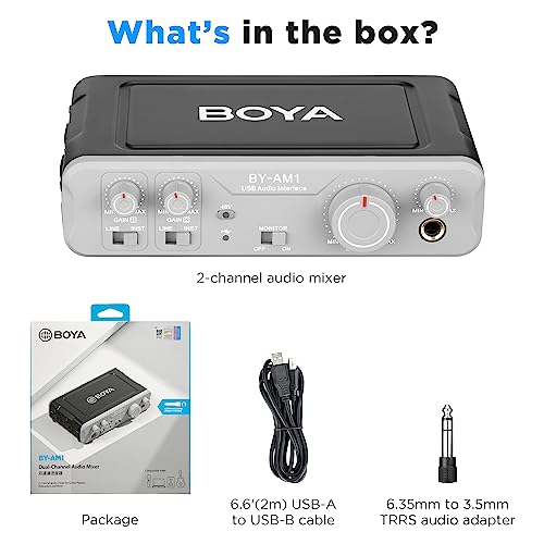 BOYA Audio Interface for for The Guitarist, Vocalist, Podcaster, Producer 44.1k-192kHz High-Fidelity Audio Mixer for Recording, Streaming Computers Microphone with XLR/6.35MM/48V Phantom Power by-AM1