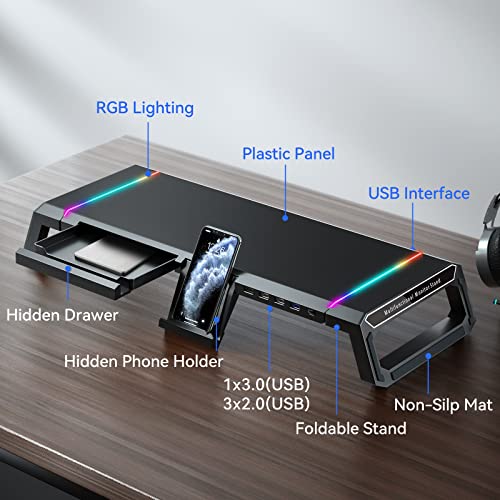 KYOLLY RGB Gaming Computer Monitor Stand Riser with Drawer,Storage and Phone Holder - 1 USB 3.0 and 3 USB 2.0 Hub, 3 Length Adjustable