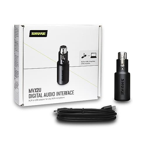 Shure MVX2U XLR-to-USB Digital Interface with Headphone Jack, Integrated Pre-amp with 60dB Gain Control, Zero-Latency Monitoring, 48V Phantom Power, ShurePlus Desktop App, 1m USB-C Cable