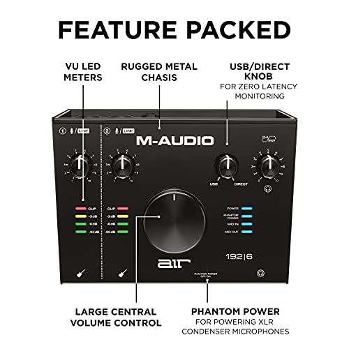 M-Audio AIR 192x6 USB C MIDI Audio Interface for Recording, Podcasting, Streaming, Studio Quality Sound, 2 XLR in and Music Production Software