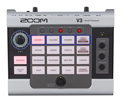 Zoom V3 Vocal Processor, Harmony, Pitch Correction, Reverb, Delay, 16 Studio Grade Effects, Battery Powered, for Streaming, Recording, and Live Performance