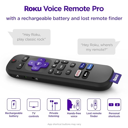 Roku Voice Remote Pro with TV controls | Rechargeable , lost remote finder, private listening , and shortcut buttons for Roku Players, TV, & Streambars