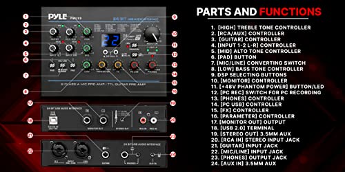 Pyle Professional USB Audio Interface with MIC/LINE, Guitar, AUX Stereo and RCA Inputs, Phone/Stereo/Monitor Outputs, Ideal for Computer Playing & Recording, Preset 24 Digital Effects - PMUX9