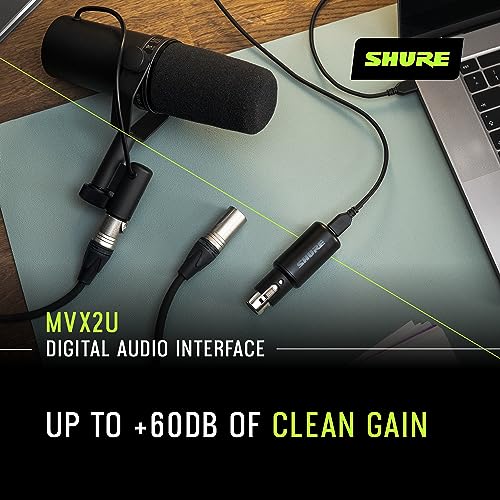 Shure MVX2U XLR-to-USB Digital Interface with Headphone Jack, Integrated Pre-amp with 60dB Gain Control, Zero-Latency Monitoring, 48V Phantom Power, ShurePlus Desktop App, 1m USB-C Cable