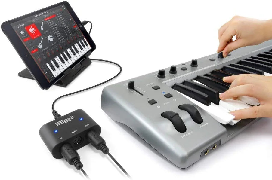 IK Multimedia iRig MIDI 2 universal MIDI interface with In, Out, and THRU ports, activity indicators for iPhone, iPad, Android, Mac, PC