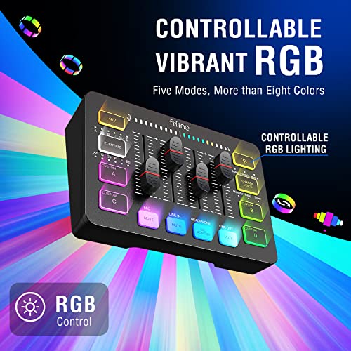 FIFINE Gaming Audio Mixer, Streaming RGB PC Mixer with XLR Microphone Interface, Individual Control, Volume Fader, Mute Button, 48V Phantom Power, for Podcast/Recording/Vocal/Game Voice-AmpliGame SC3