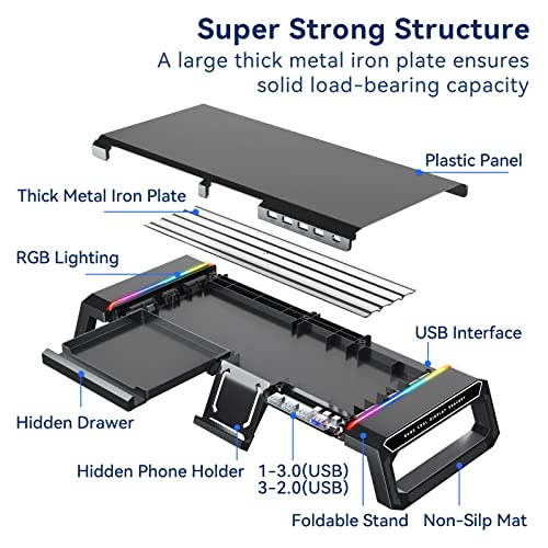 KYOLLY RGB Gaming Computer Monitor Stand Riser with Drawer,Storage and Phone Holder - 1 USB 3.0 and 3 USB 2.0 Hub, 3 Length Adjustable