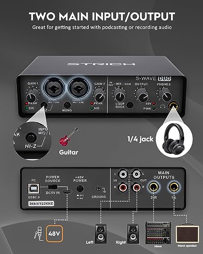 2x2 USB Audio Interface for Streaming, Recording and Podcasting, 24Bit/192kHz High-Fidelity, STRICH S-WAVE DUO Studio Audio Mixer Interface for Guitarist, Vocalist, Podcaster, Producer, Noise-Free