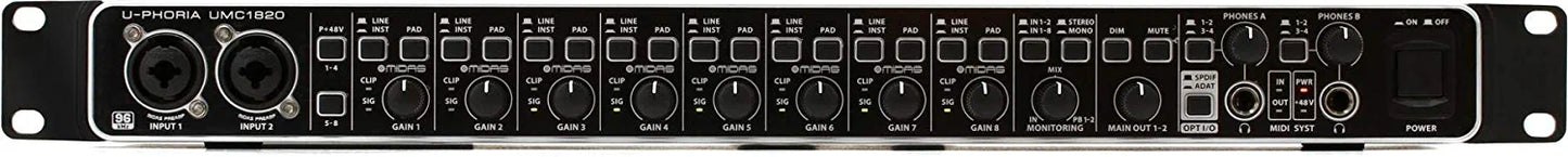 Behringer U-PHORIA UMC1820 Audiophile 18x20, 24-Bit/96 kHz USB Audio/MIDI Interface with Midas Mic Preamplifiers