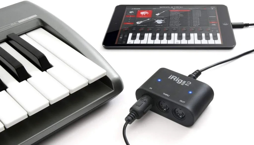 IK Multimedia iRig MIDI 2 universal MIDI interface with In, Out, and THRU ports, activity indicators for iPhone, iPad, Android, Mac, PC