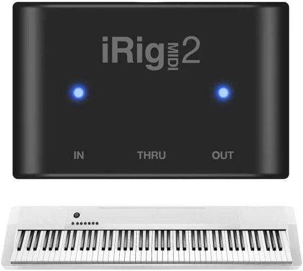 IK Multimedia iRig MIDI 2 universal MIDI interface with In, Out, and THRU ports, activity indicators for iPhone, iPad, Android, Mac, PC
