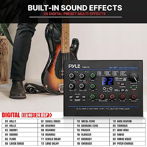 Pyle Professional USB Audio Interface with MIC/LINE, Guitar, AUX Stereo and RCA Inputs, Phone/Stereo/Monitor Outputs, Ideal for Computer Playing & Recording, Preset 24 Digital Effects - PMUX9