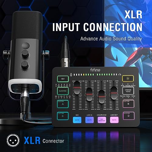 FIFINE Gaming Audio Mixer, Streaming RGB PC Mixer with XLR Microphone Interface, Individual Control, Volume Fader, Mute Button, 48V Phantom Power, for Podcast/Recording/Vocal/Game Voice-AmpliGame SC3