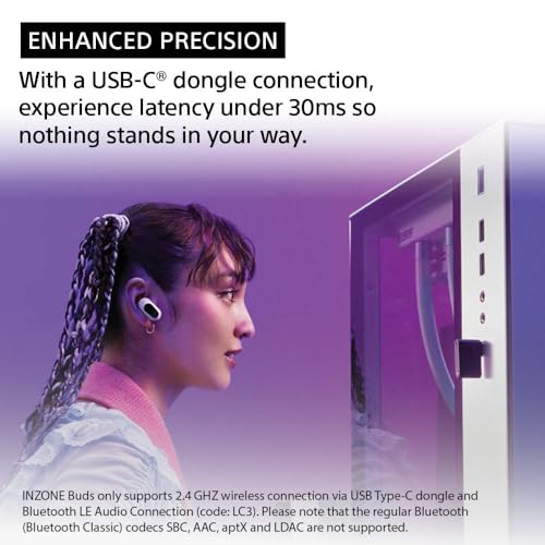 Sony INZONE Buds Truly Wireless Noise Cancelling Gaming Earbuds, 12 Hour Battery, for PC, PS5, 360 Spatial Sound, 30ms Low Latency, USB-C Dongle and LE Audio (LC3), WF-G700N White