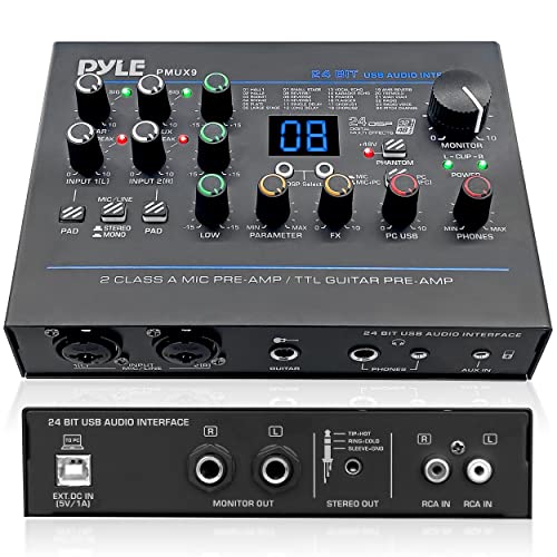 Pyle Professional USB Audio Interface with MIC/LINE, Guitar, AUX Stereo and RCA Inputs, Phone/Stereo/Monitor Outputs, Ideal for Computer Playing & Recording, Preset 24 Digital Effects - PMUX9