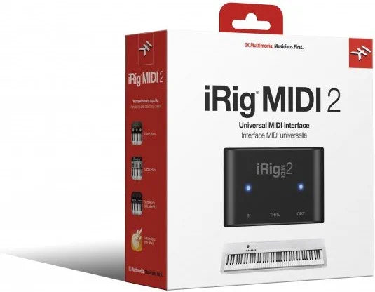 IK Multimedia iRig MIDI 2 universal MIDI interface with In, Out, and THRU ports, activity indicators for iPhone, iPad, Android, Mac, PC