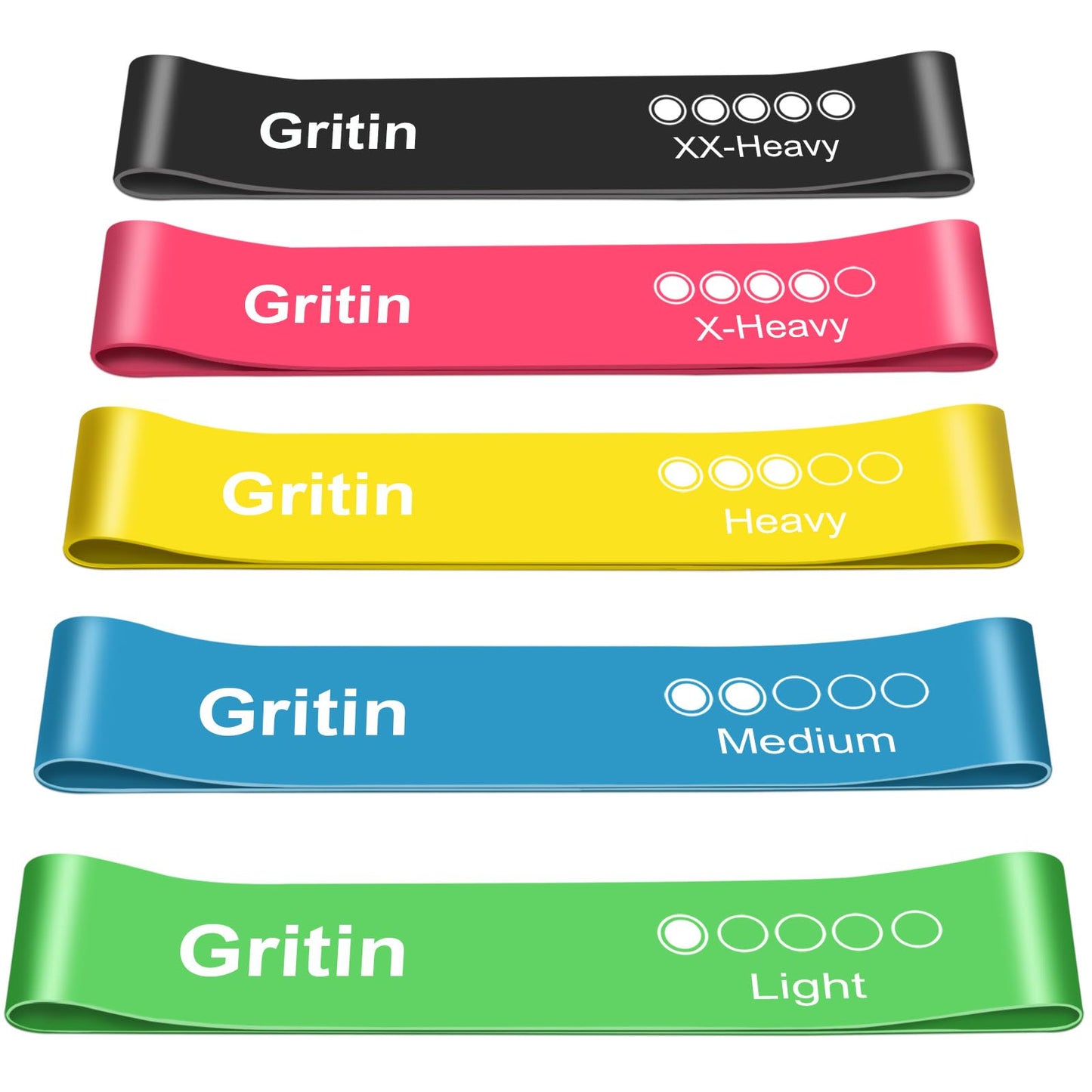 Gritin Resistance Bands, [Set of 5] Skin-Friendly Resistance Fitness Exercise Loop Bands with 5 Different Resistance Levels - Free Carrying Case Included - Ideal for Home, Gym, Yoga, Training