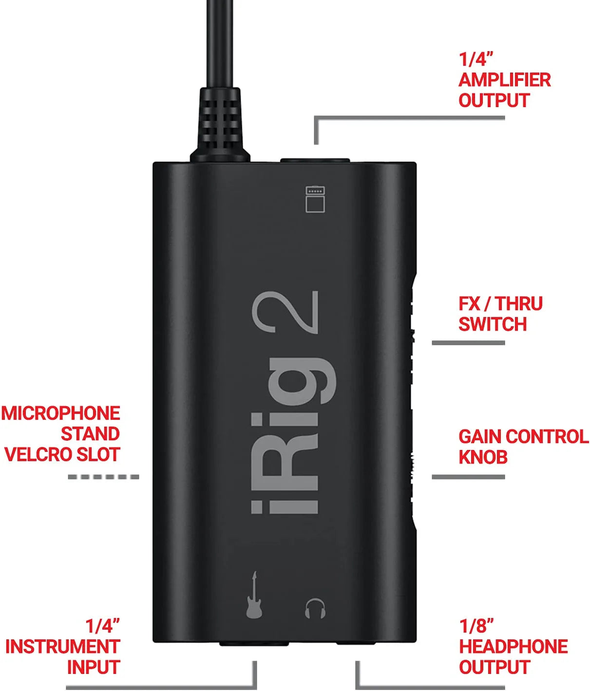 IK Multimedia iRig 2 Portable Guitar Audio Interface, Lightweight Audio Adapter for iPhone, iPad and Android Smartphones and Tablets, with Instrument Input and Headphone/amplfiier Outs