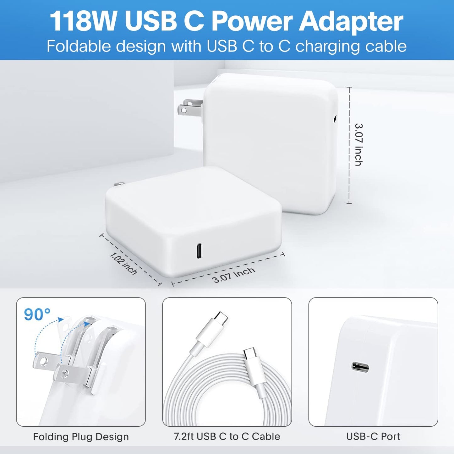 Mac Book Pro Charger - 118W USB C Fast Charger Power Adapter for USB C Port MacBook pro & MacBook Air 16 15 14 13 inch, Ipad Pro and All USB C Device, Include Charge Cable（7.2ft/2.2m）