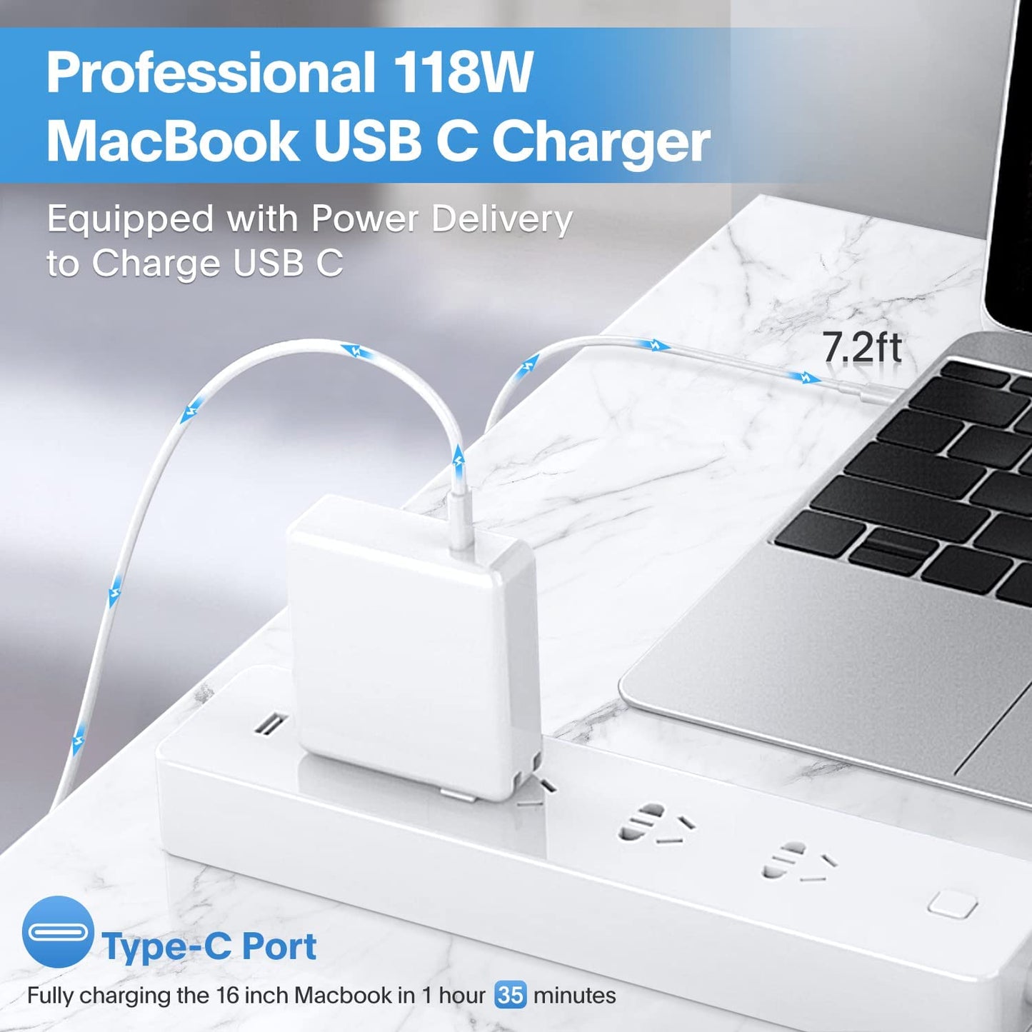 Mac Book Pro Charger - 118W USB C Fast Charger Power Adapter for USB C Port MacBook pro & MacBook Air 16 15 14 13 inch, Ipad Pro and All USB C Device, Include Charge Cable（7.2ft/2.2m）