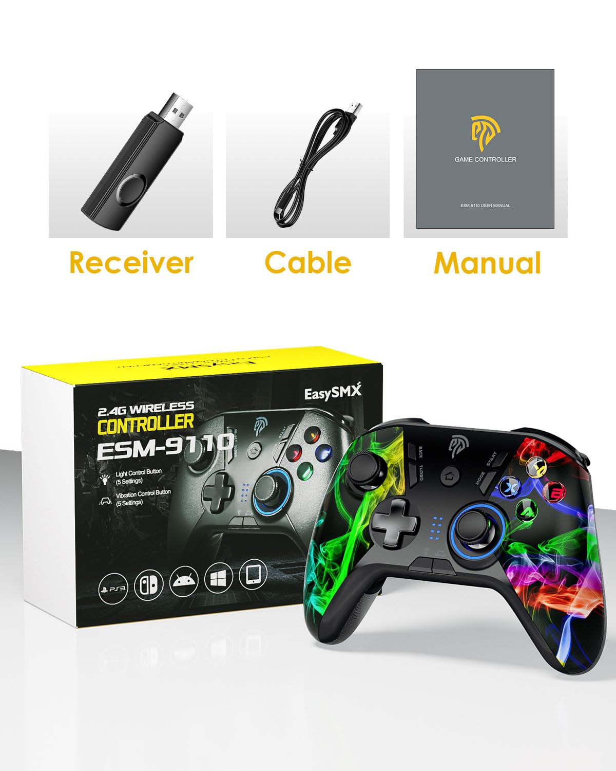 EasySMX PC Wireless Controller, Gaming Controller for Computer,Laptop,PS3,Android TV BOX, Nintendo Switch and Tesla with Turbo, Dual Vibration and 4 Programmable Keys, Battery Up to 14 Hours