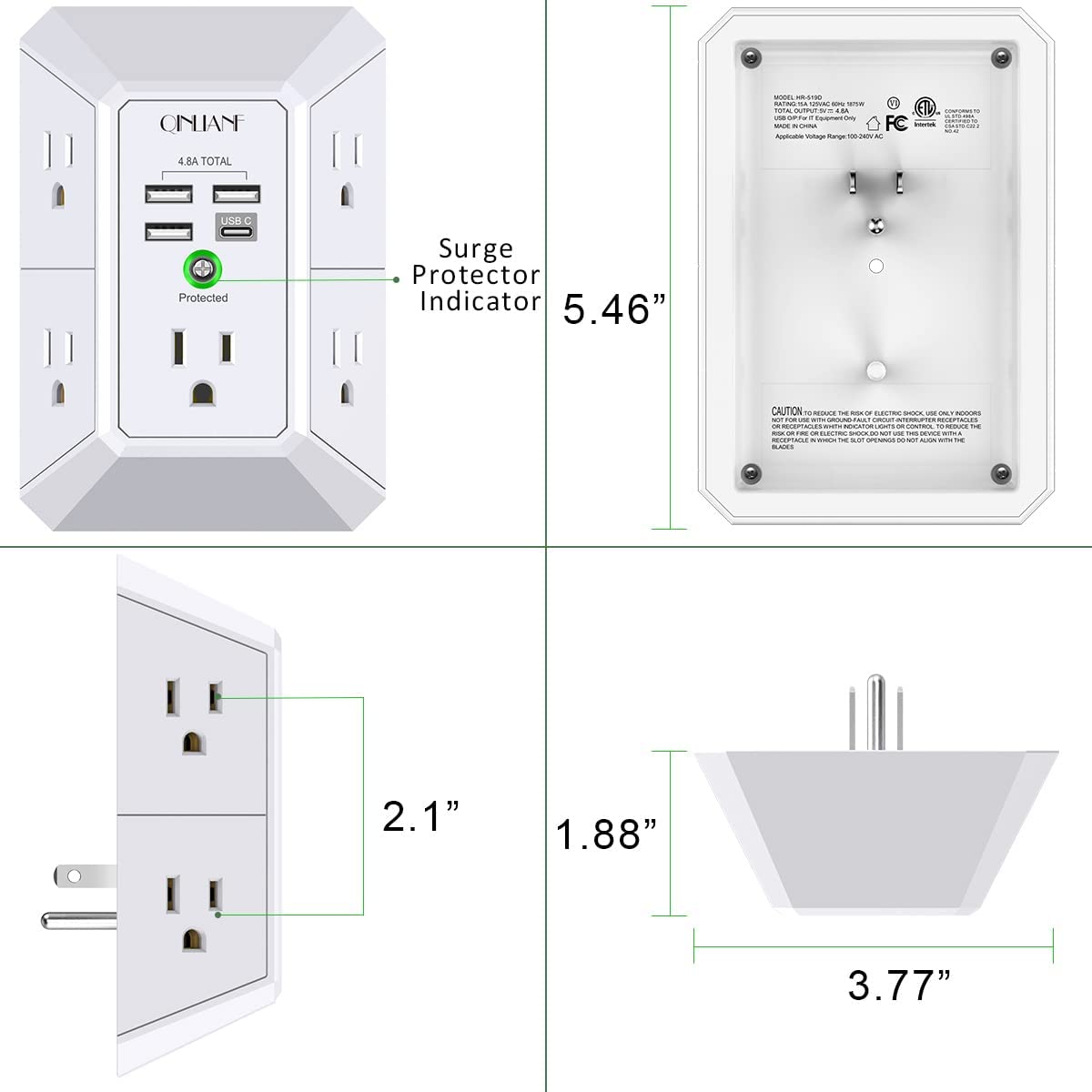 USB Wall Charger, Surge Protector, QINLIANF 5 Outlet Extender with 4 USB Charging Ports (4.8A Total) 3-Sided 1680J Power Strip Multi Plug Outlets Wall Adapter Spaced for Home Travel Office (3U1C)