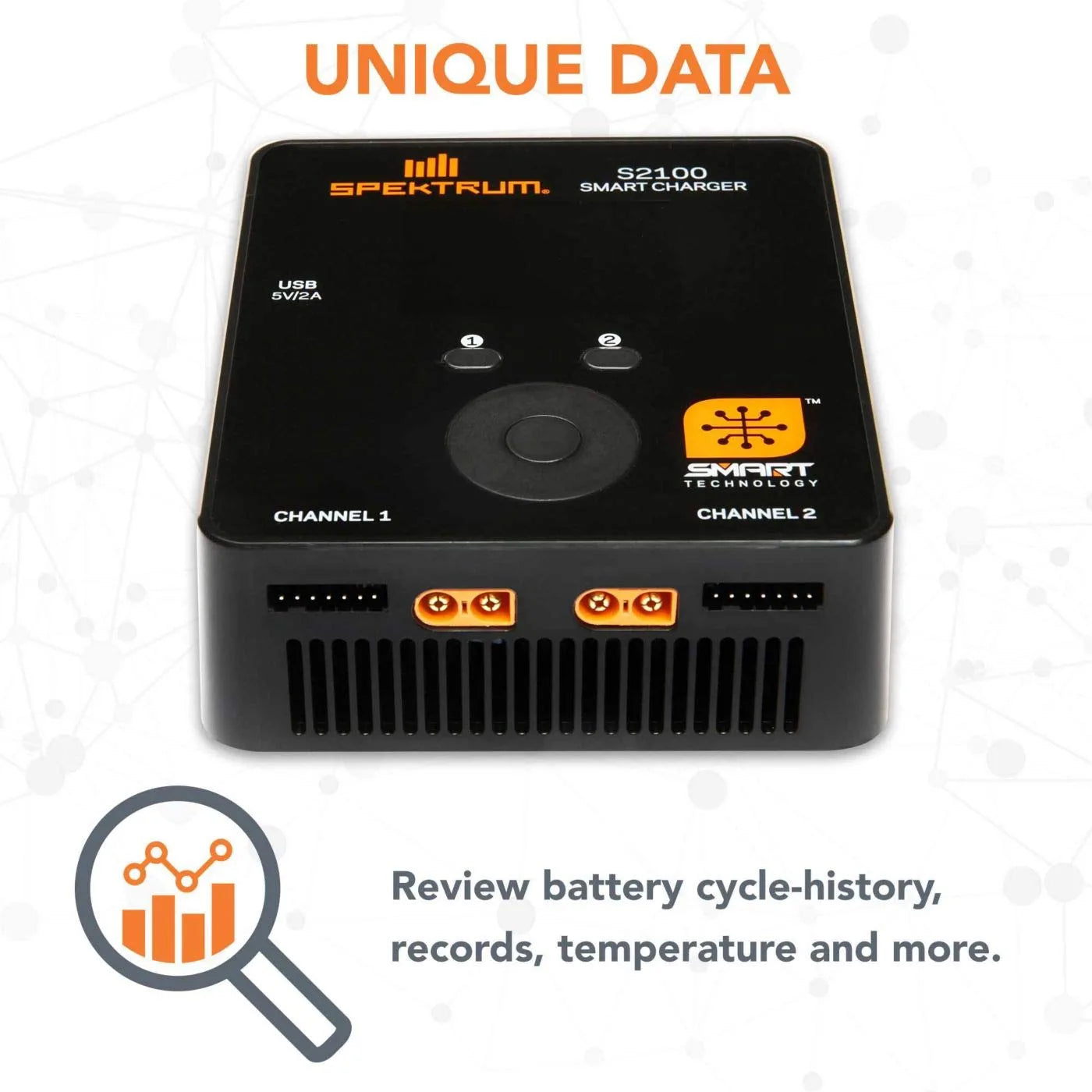 Spektrum S2100 Smart Charger: 200W (2x100W) AC Dual Output Lipo Battery Charger with Usb | LCD Color Display | IC3 Connector (EC3 Compatible)