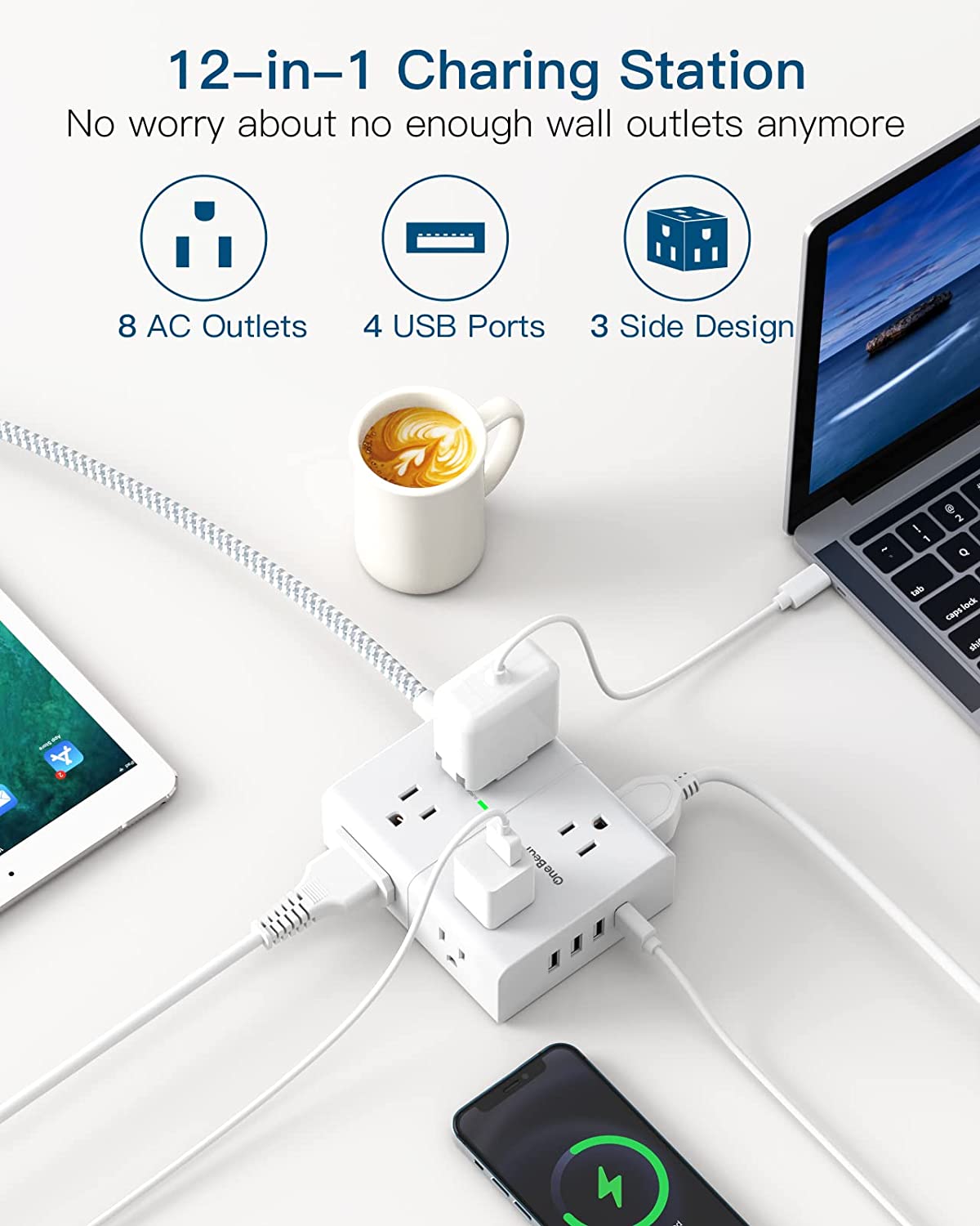 Power Strip Surge Protector with USB, 8 Widely Outlets 4 USB Ports 6Ft Extension Cord with Flat Plug, 3 Sided Wall Outlet Extender USB Desktop Charging Station for Home Office Travel Dorm, 900J