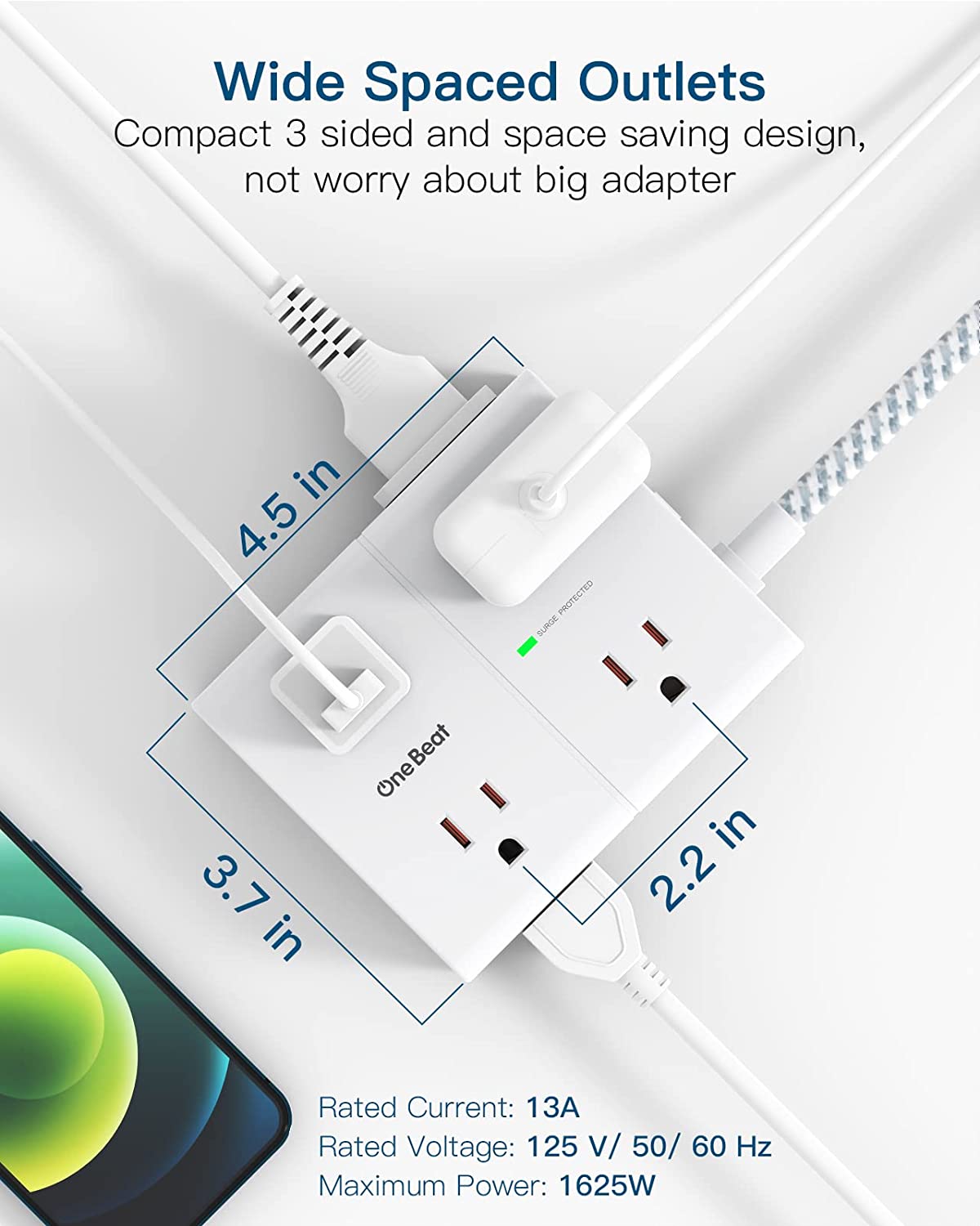 Power Strip Surge Protector with USB, 8 Widely Outlets 4 USB Ports 6Ft Extension Cord with Flat Plug, 3 Sided Wall Outlet Extender USB Desktop Charging Station for Home Office Travel Dorm, 900J