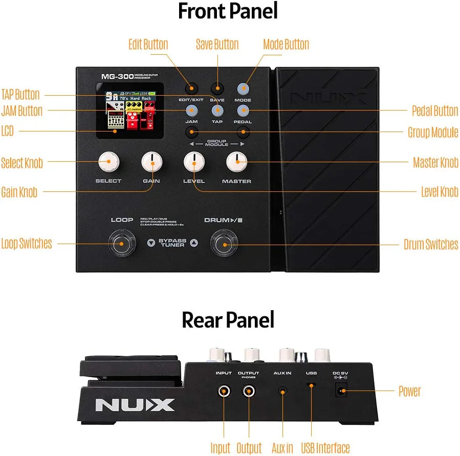 NUX MG-300 Modeling Guitar Processor Guitar Multi-Effects Pedal Amp Modeling 56 Drum 60s 24-bit Loop Recording Metronome Tuner Function