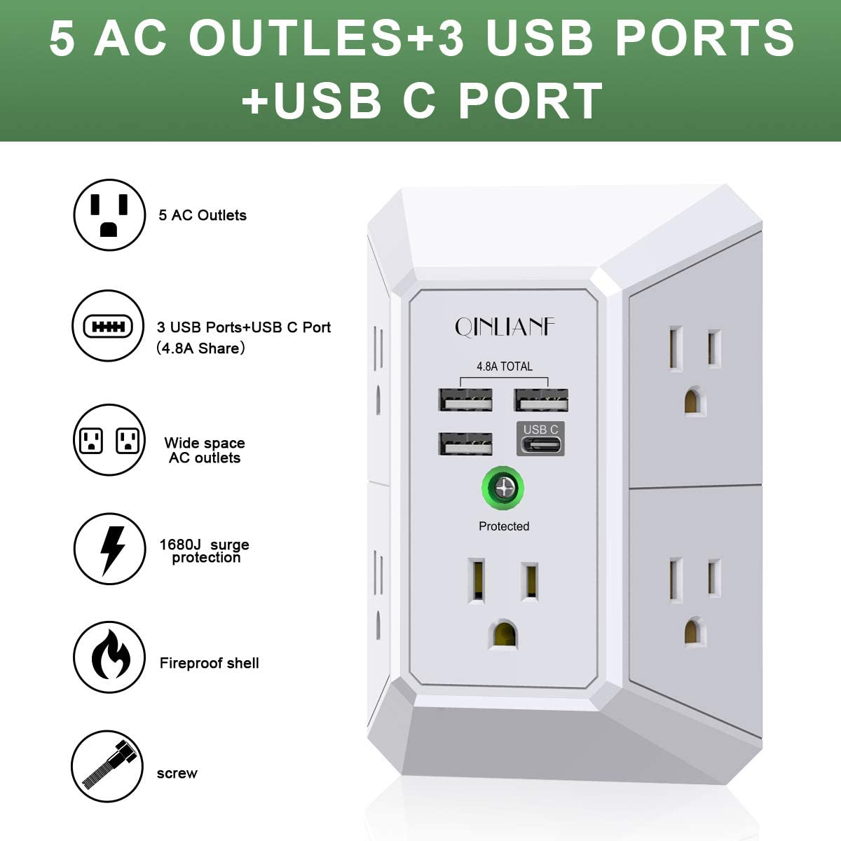 USB Wall Charger, Surge Protector, QINLIANF 5 Outlet Extender with 4 USB Charging Ports (4.8A Total) 3-Sided 1680J Power Strip Multi Plug Outlets Wall Adapter Spaced for Home Travel Office (3U1C)