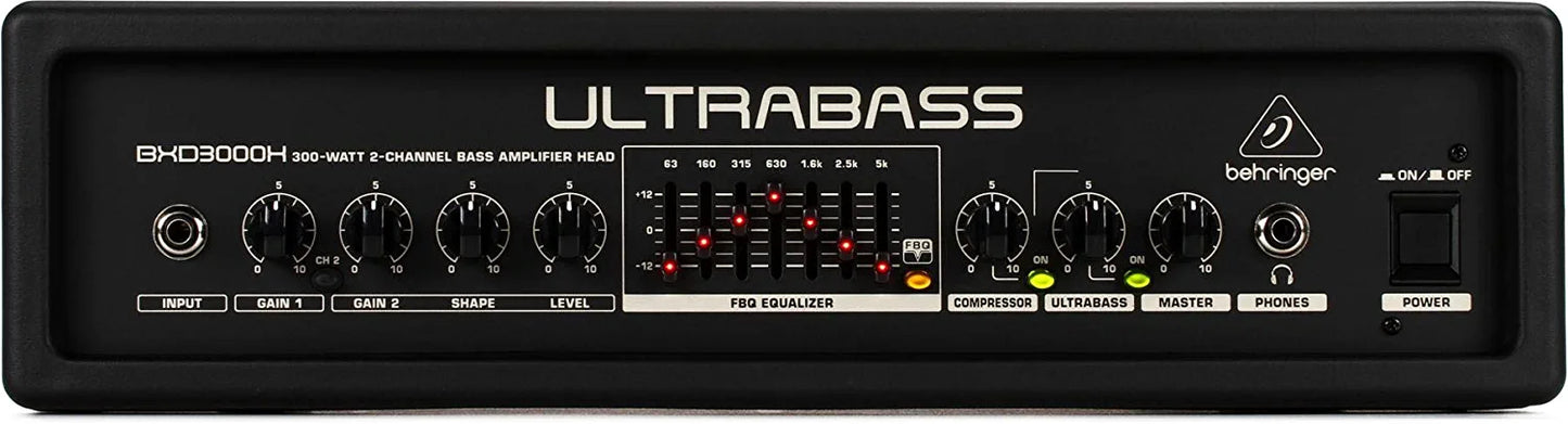 Behringer ULTRABASS BXD3000H Ultra-Lightweight 300 Watt 2 Channel Bass Amplifier Head with FBQ Spectrum Analyzer, Ultrabass Processor and Compressor