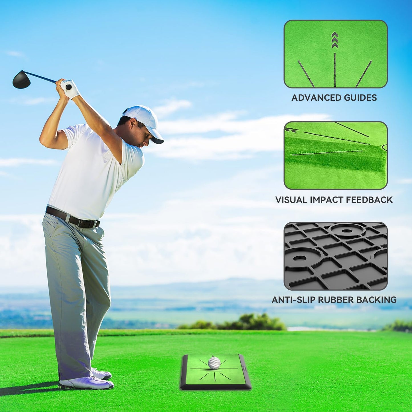 COSPORTIC Golf Hitting Mat | Golf Training Mat for Swing Path Feedback/Detection Batting | Extra Replaceable Golf Practice Mat 16"x12" | Advanced Guides and Rubber Backing for Home/Indoor/Outdoor