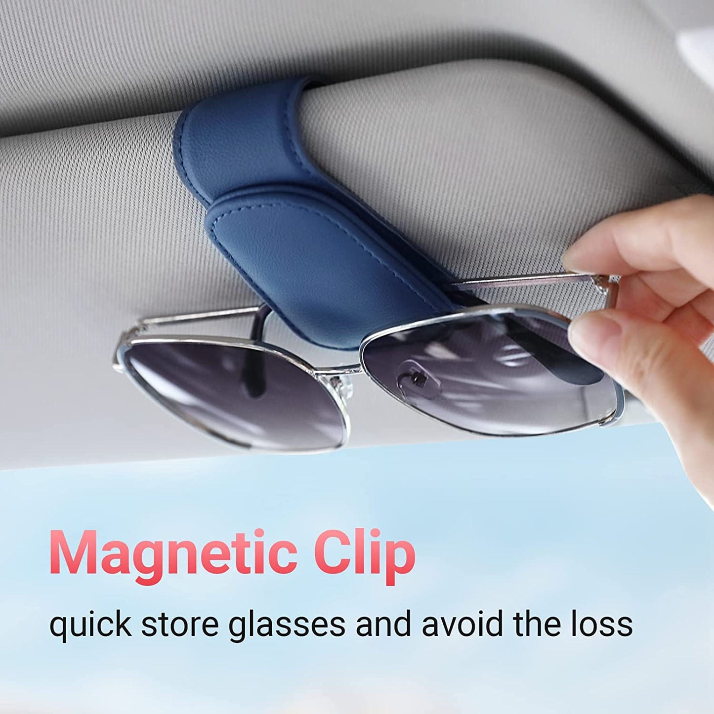 Sunglass Holder for Car Visor Sunglasses Clip Magnetic Leather Glasses Eyeglass Holder Truck Car Interior Accessories Universal for Woman Man -Black