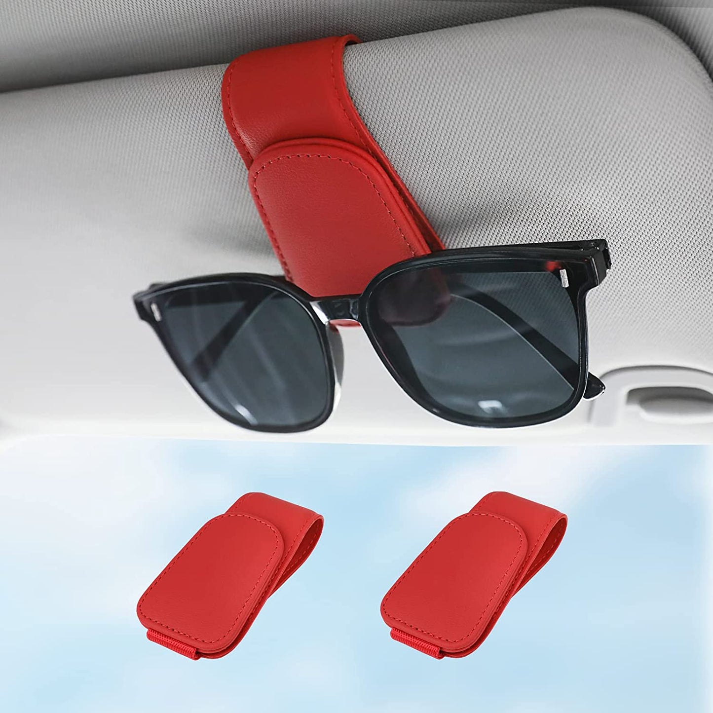 Sunglass Holder for Car Visor Sunglasses Clip Magnetic Leather Glasses Eyeglass Holder Truck Car Interior Accessories Universal for Woman Man -Black