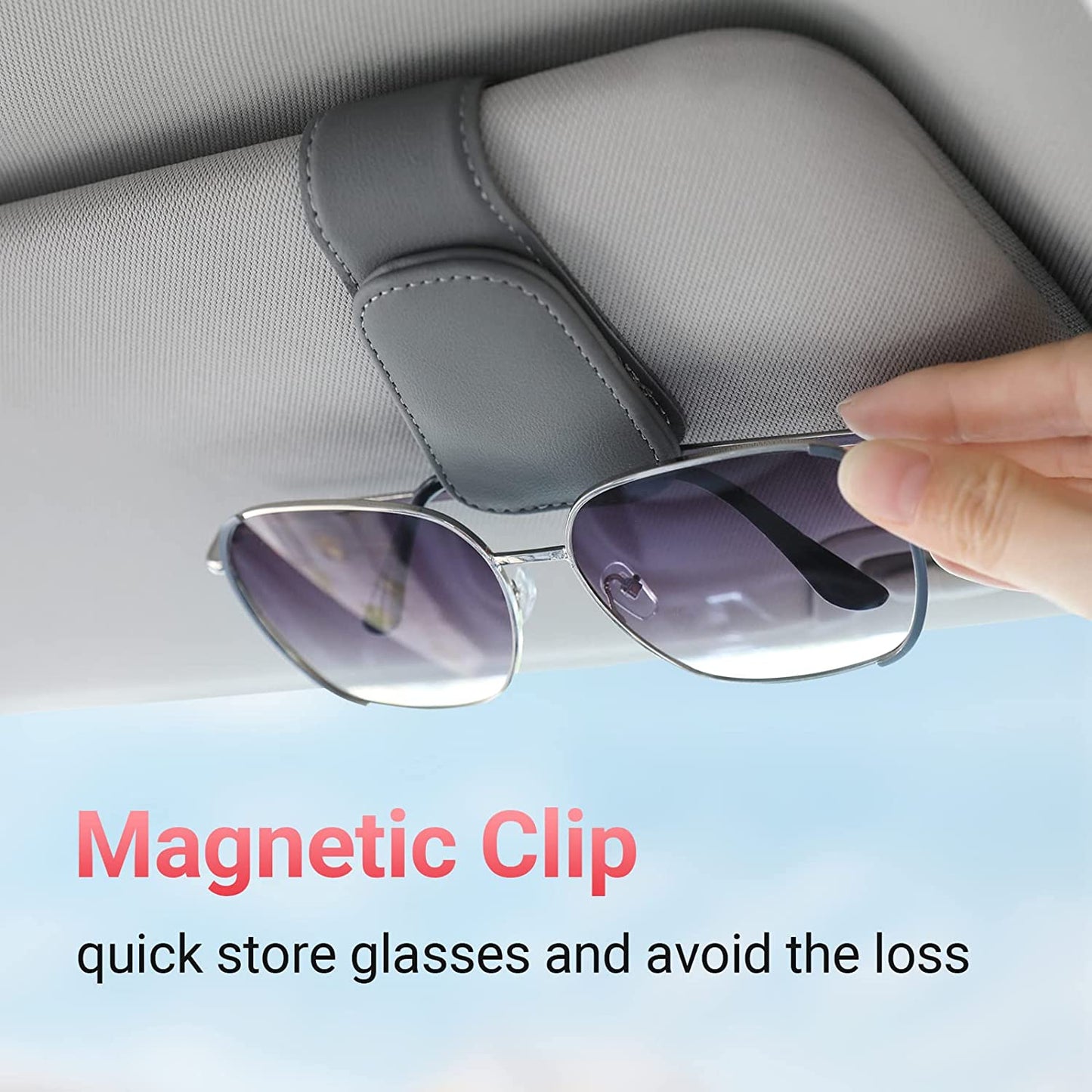 Sunglass Holder for Car Visor Sunglasses Clip Magnetic Leather Glasses Eyeglass Holder Truck Car Interior Accessories Universal for Woman Man -Black