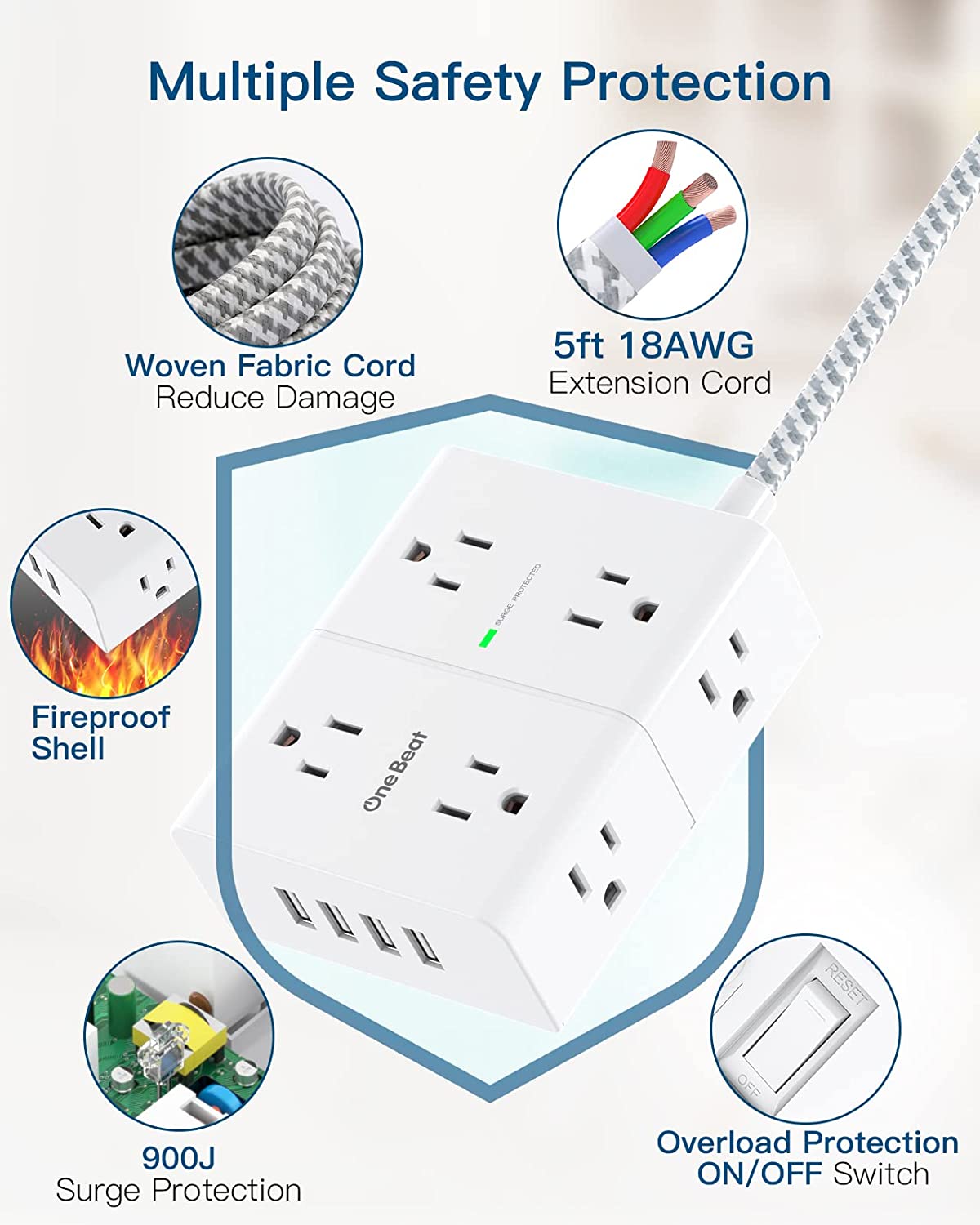 Power Strip Surge Protector with USB, 8 Widely Outlets 4 USB Ports 6Ft Extension Cord with Flat Plug, 3 Sided Wall Outlet Extender USB Desktop Charging Station for Home Office Travel Dorm, 900J