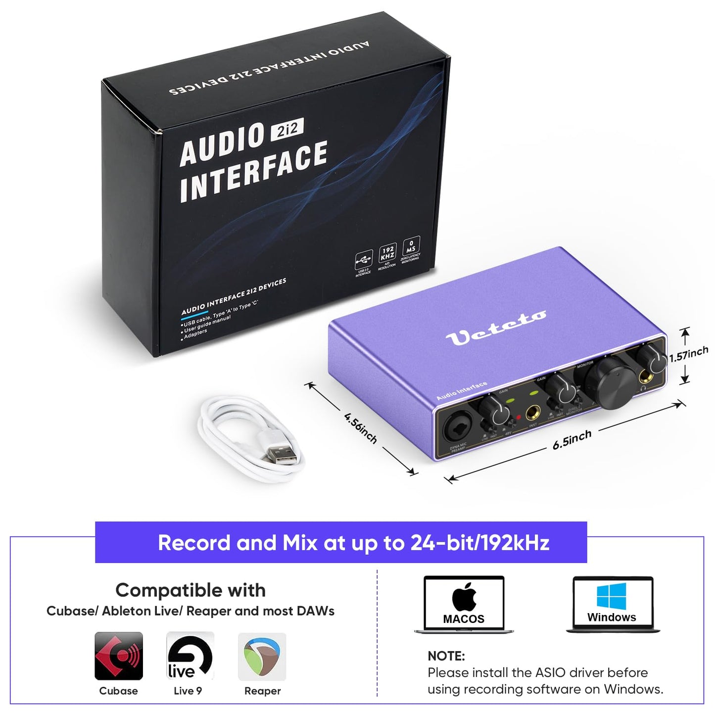 Ueteto 2i2 USB Audio Interface, Universal Audio Interface for PC, MAC/Music/Computer Recording and Podcasting with 48V Phantom Power