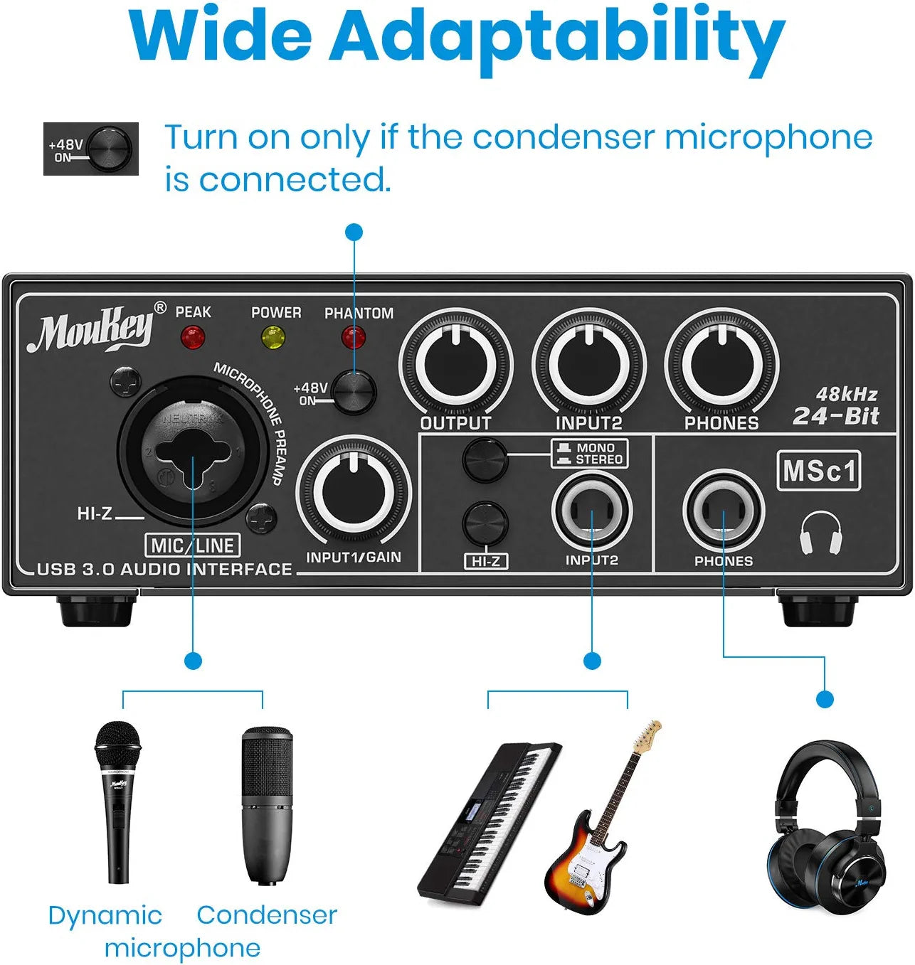 Moukey USB 3.0 Audio Interface, Microphone Preamps with 48V Phantom Power, 24 Bit, Support Smartphone, Tablet, Computer and Other Equipment Recording - MSc1